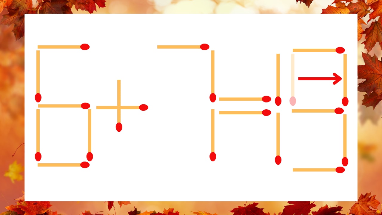 【マッチ棒クイズ】1本だけ動かして正しい式に：6＋7＝15？の正解画像