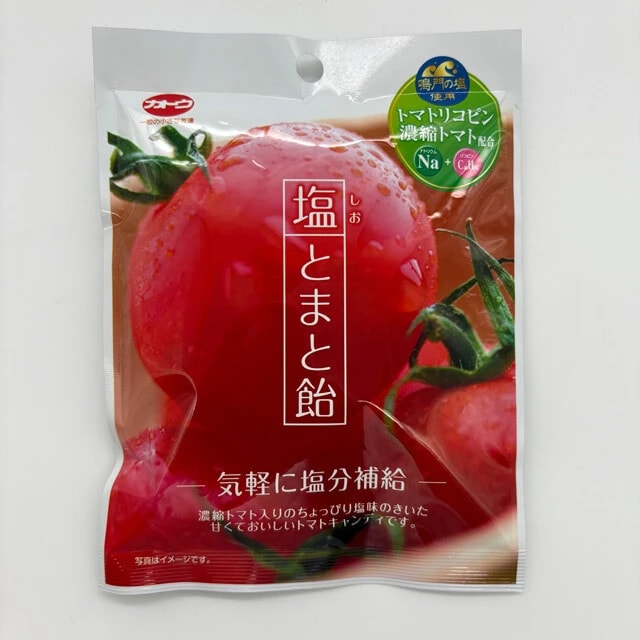 塩とまと飴［加藤製菓］　【内容量】58g　【価格】162円　【食塩相当量】0.7g（1製品・55g当たり）