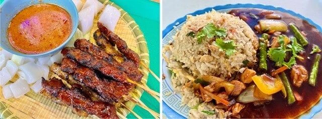 （左）発表を終えて、集会場近くのホーカーで食べたサテー（東南アジア風焼き鳥）。（右）滞在したホテルの近くにあったインドネシア料理屋のナシゴレン。カレーのルーのような餡はブラックペッパーチキン味。これがまためちゃくちゃ旨かった。