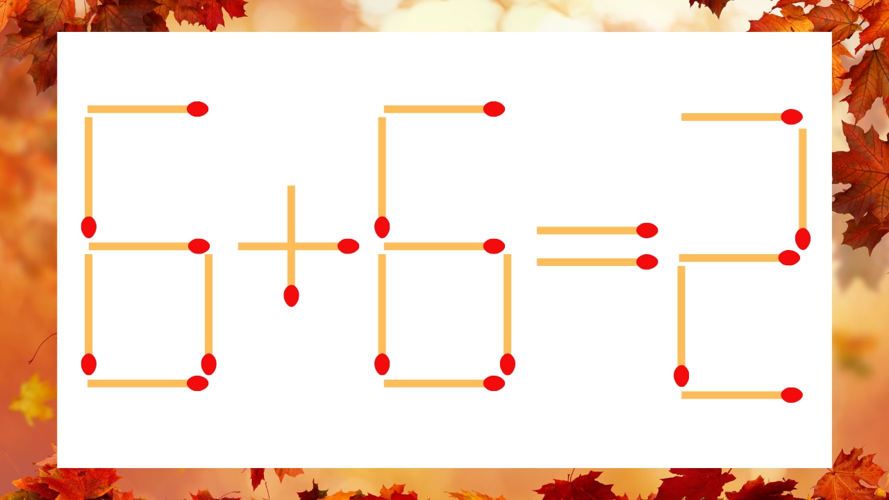 【マッチ棒クイズ】1本だけ動かして正しい式に：6＋6＝2？の画像