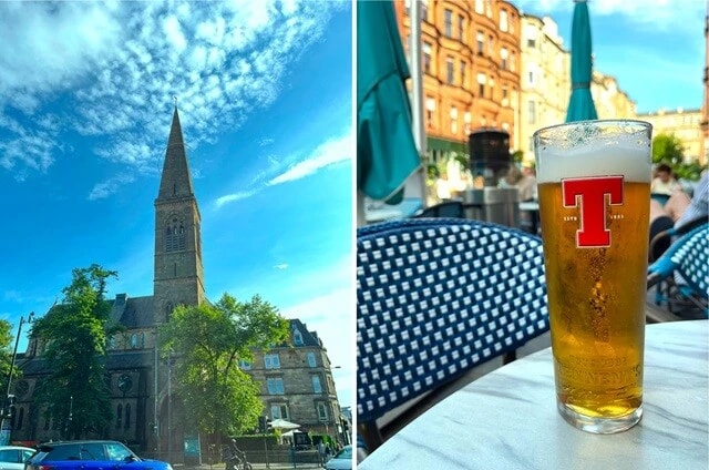 （左）ランドマーク的なパブ「Oran Mor」。教会を改装したパブ。（右）グラスゴーといえば「テネンツ（Tennent's）」！