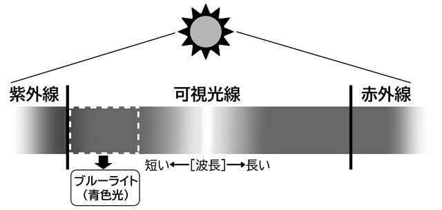 図表2　光は波長の長さによって種類が分かれ、ブルーライトは波長が短い紫外線寄りの光に区分されます。ブルーライトの研究はまだまだ進んでいないので、悪影響を誇張した宣伝には注意が必要です！