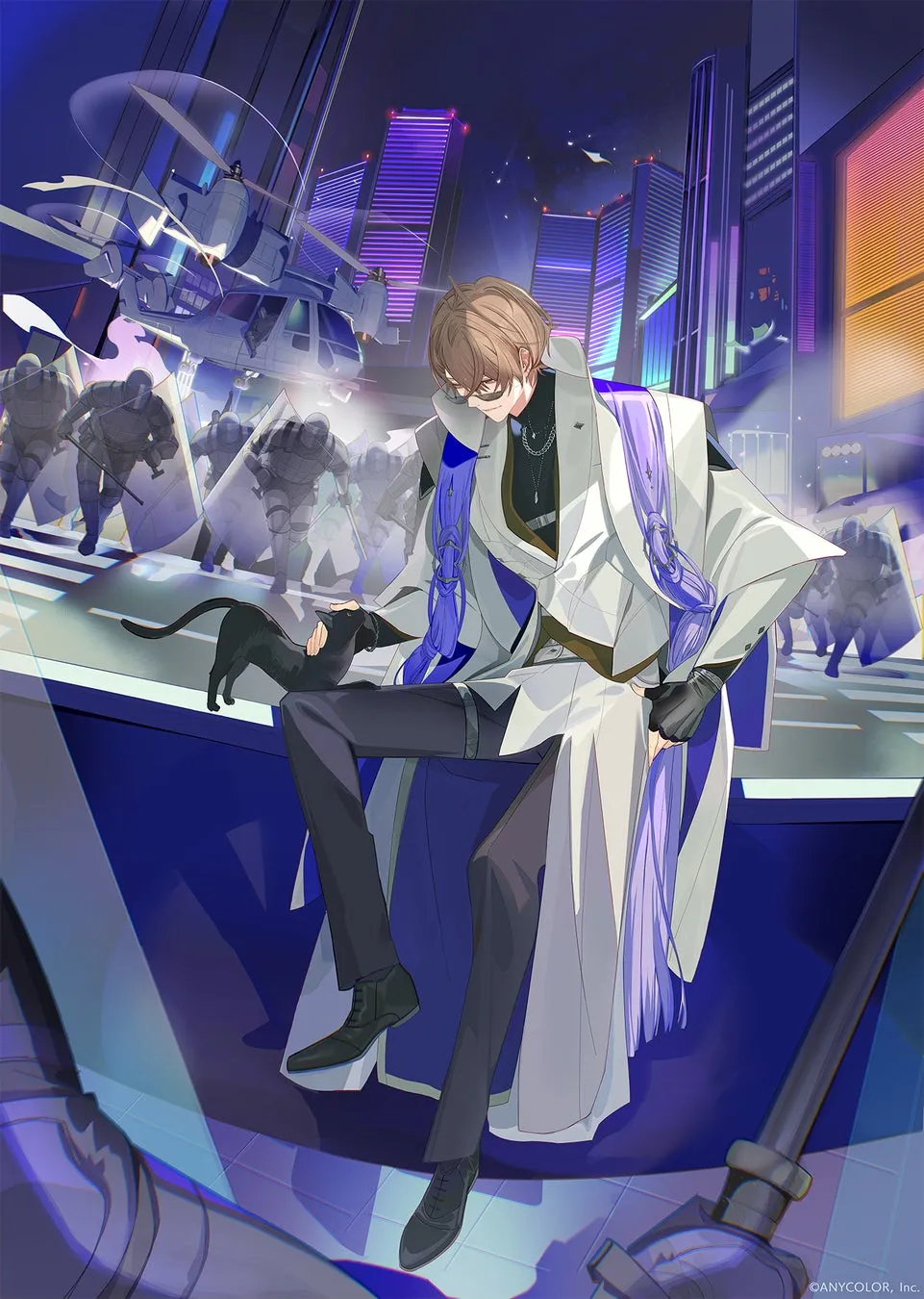 眼鏡をかけた男性が黒猫を抱きかかえるイラスト