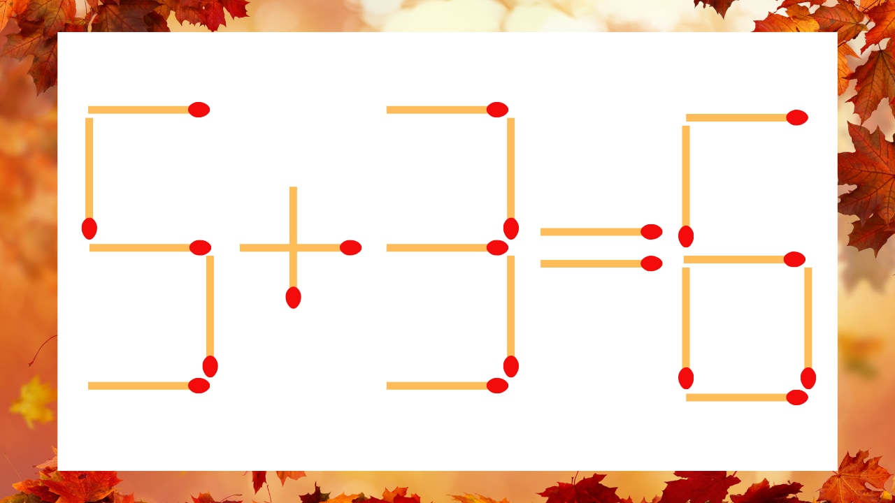 【マッチ棒クイズ】1本だけ動かして正しい式に：5+3=6？の問題画像