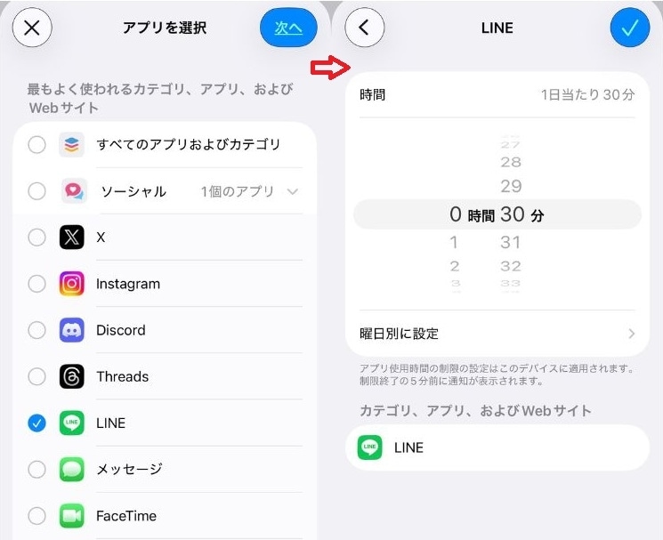 「ソーシャル」カテゴリの中から「LINE」にチェックを入れ次へ進みます